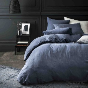 Taie d'oreiller lin stone washed bleu nuit